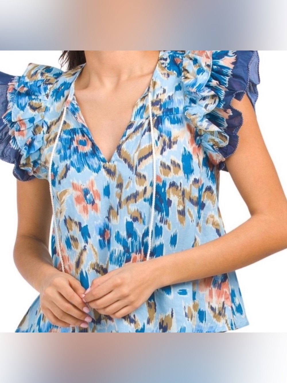 House of Harlow 1960 NWOT Zoey 100% Cotton Blue Ikat Ruffle Sleeve Top | Size S